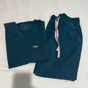 Figs Caribbean Blue Scrub Set with Light Pink Tie